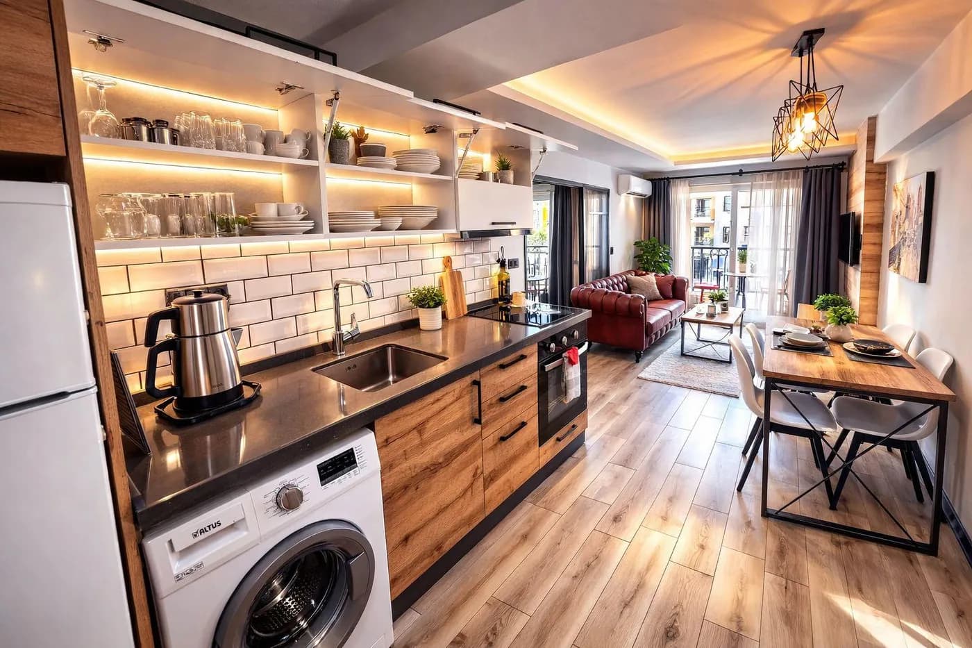 Smile & Holiday patient apartment — modern living room and open kitchen